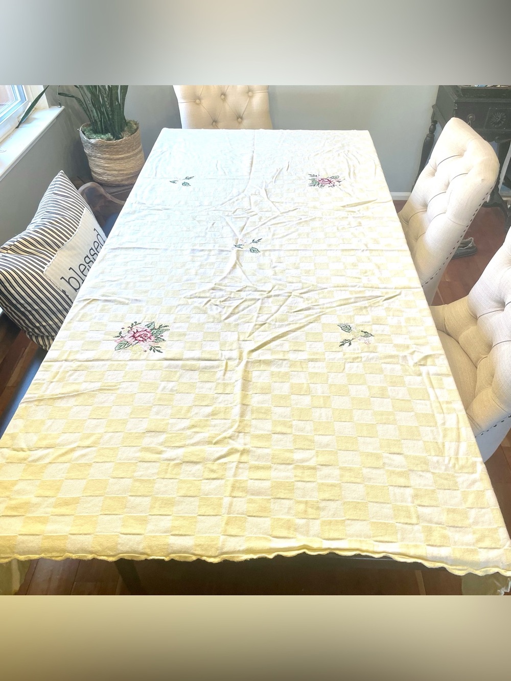 Vtg Yellow White Checkerboard Tablecloth Floral Cross Stitch 78" L & 12 Napkins
